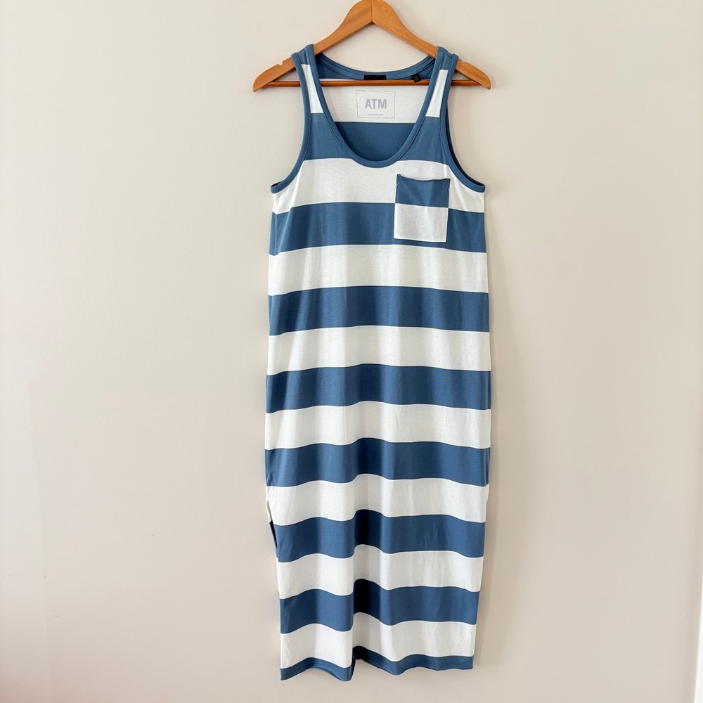 ATM Anthony Thomas Melillo Dress Medium Blue White Striped Tank Midi Pocket Slit
